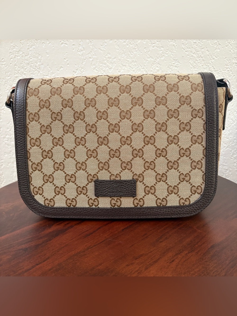 Gucci Monogram Canvas Leather Messenger Bag in Beige and Brown